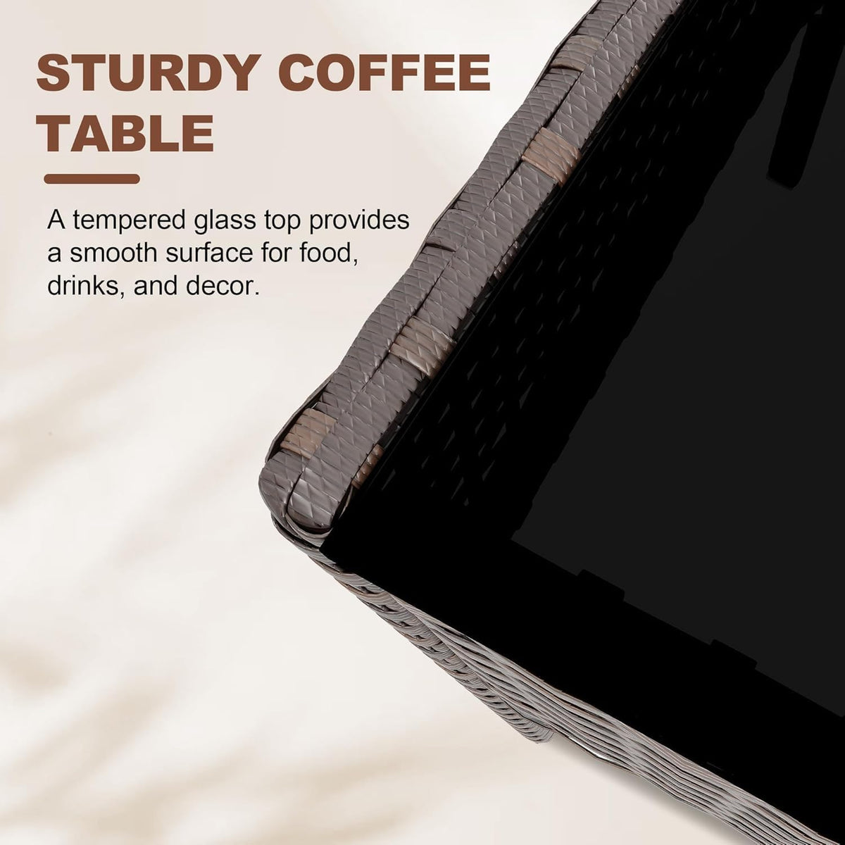 MilleLoom four-piece outdoor set tempered glass table provides sturdy surface for drinks