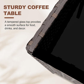 MilleLoom four-piece outdoor set tempered glass table provides sturdy surface for drinks