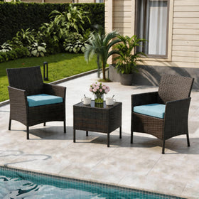 MilleLoom 3-piece outdoor set with chairs and table, ideal for intimate patio conversations.