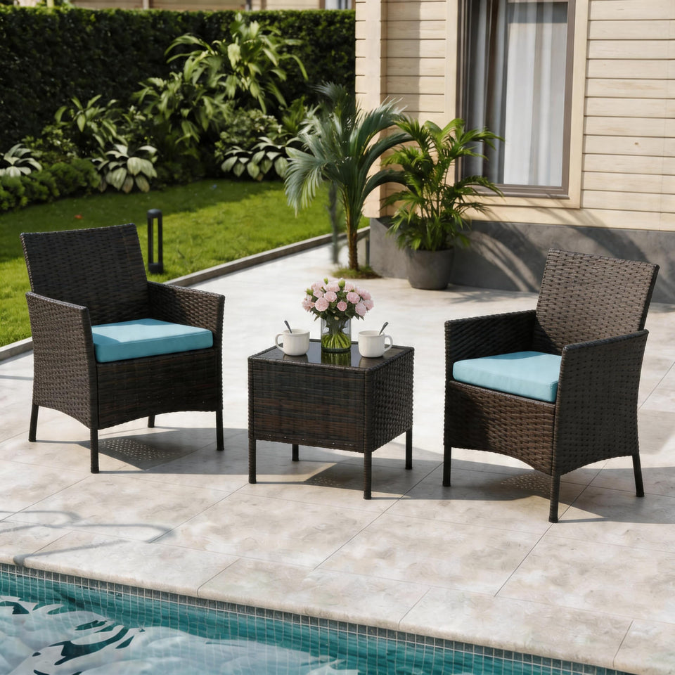 MilleLoom 3-piece outdoor set with chairs and table, ideal for intimate patio conversations.