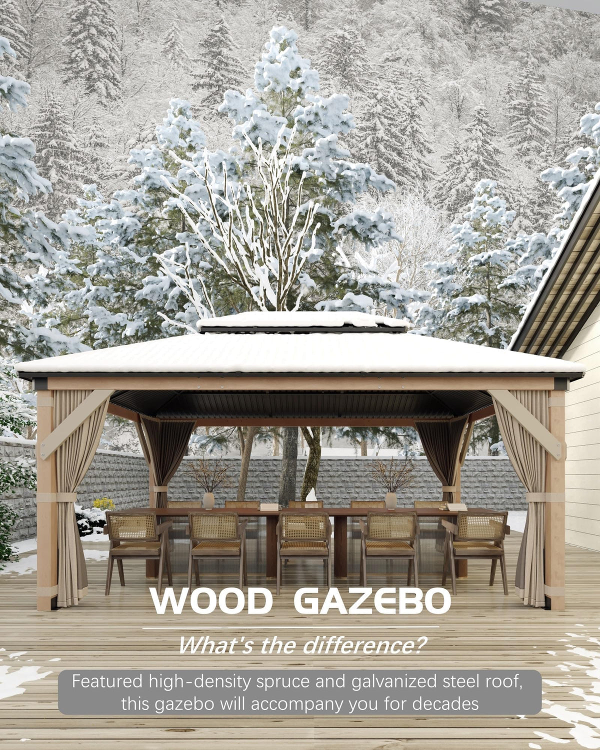 MilleLoom patio-dining area under the gazebo during golden hour.