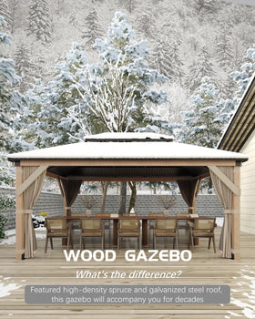 MilleLoom patio-dining area under the gazebo during golden hour.