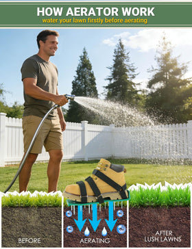 Milluxxi lawn aerator shoes worn on feet with dual straps ensure secure fit during aeration