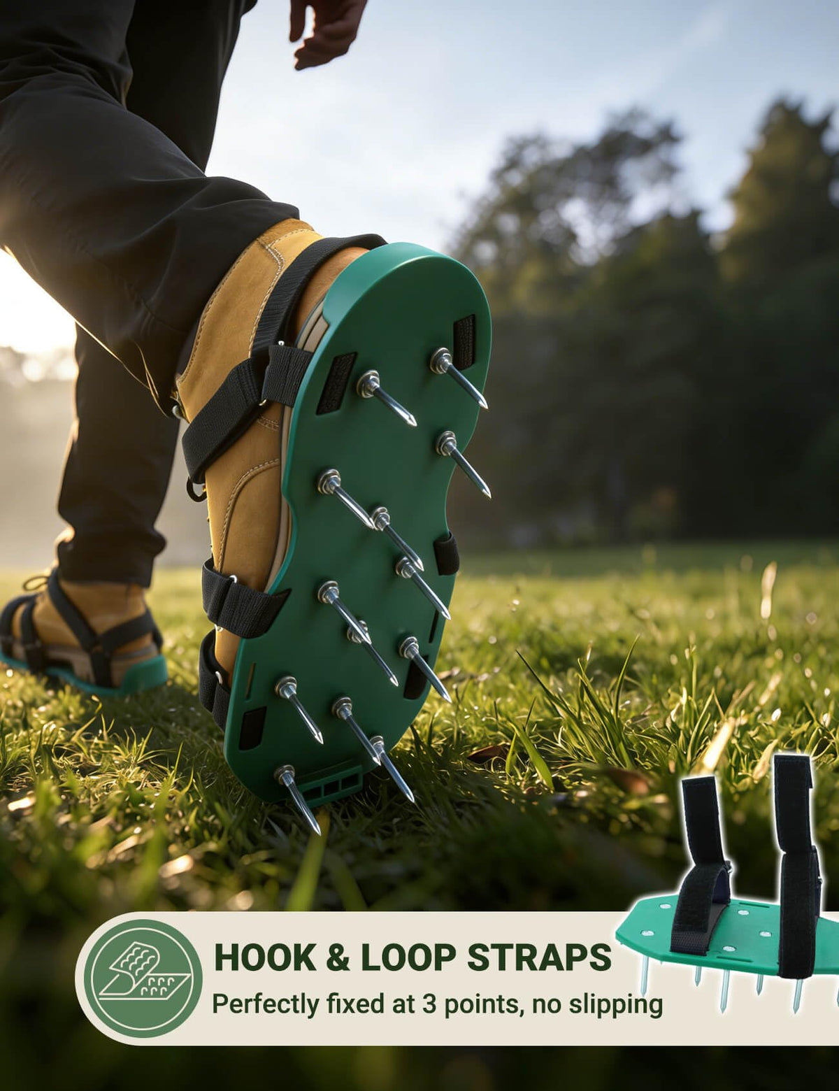 Milluxxi lawn aerator shoes showing spikes and straps for stable use on damp grass