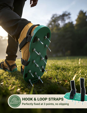 Milluxxi lawn aerator shoes showing spikes and straps for stable use on damp grass