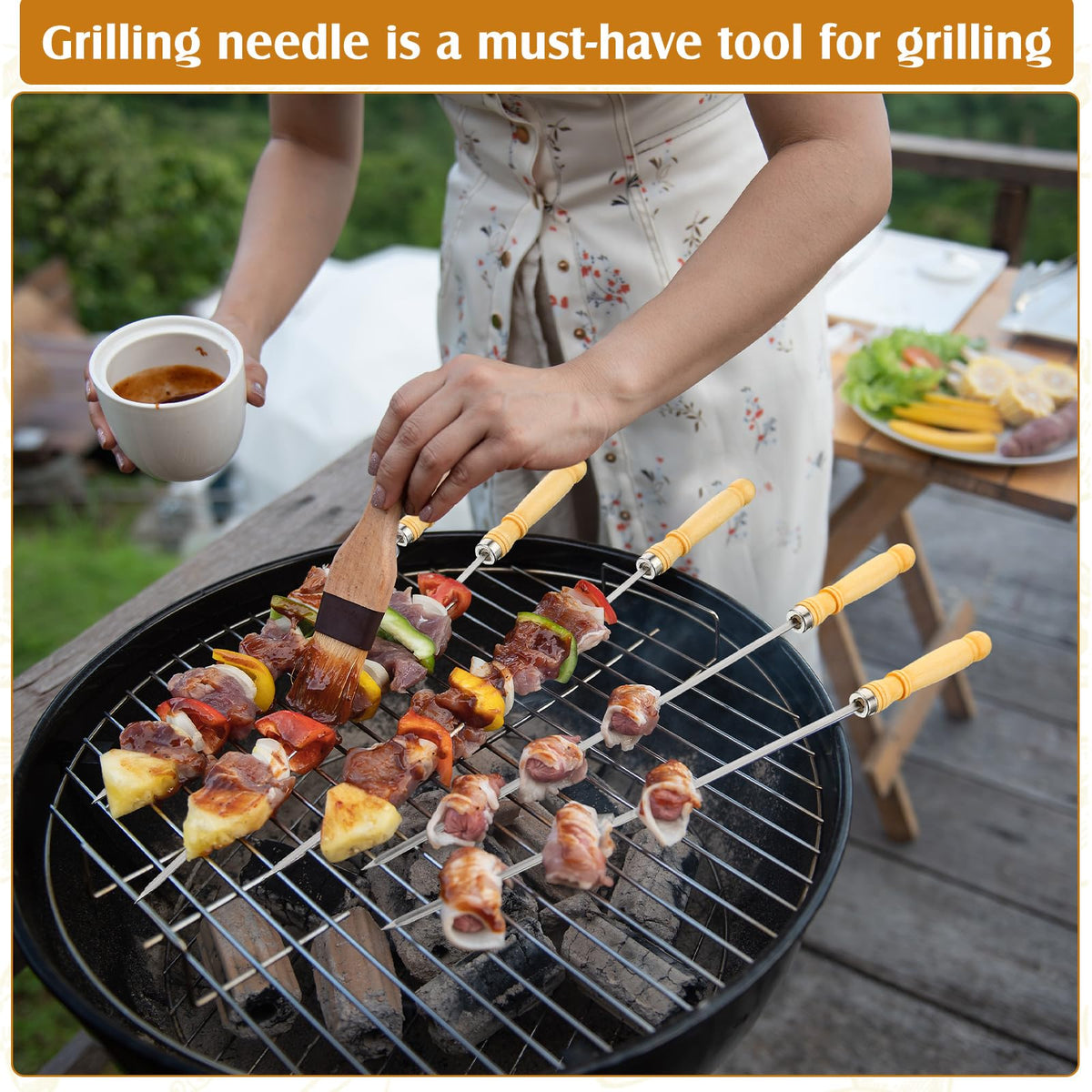 Minatee stainless steel flat-blade skewer prevents slipping during grilling