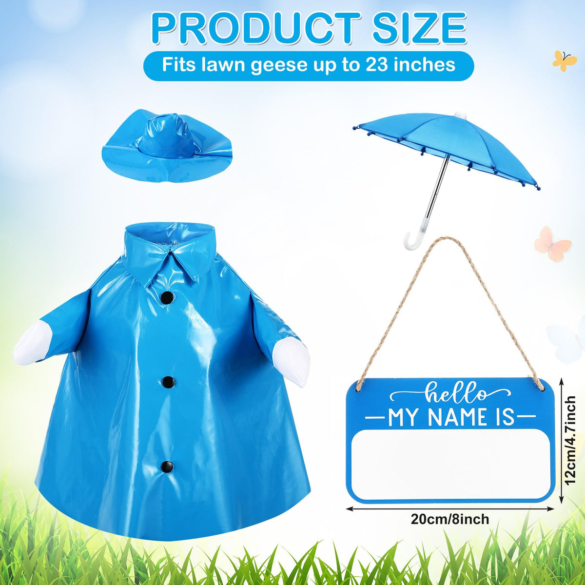 Mindsoft blue goose outfit enhances a 23-inch statue with rain-ready style
