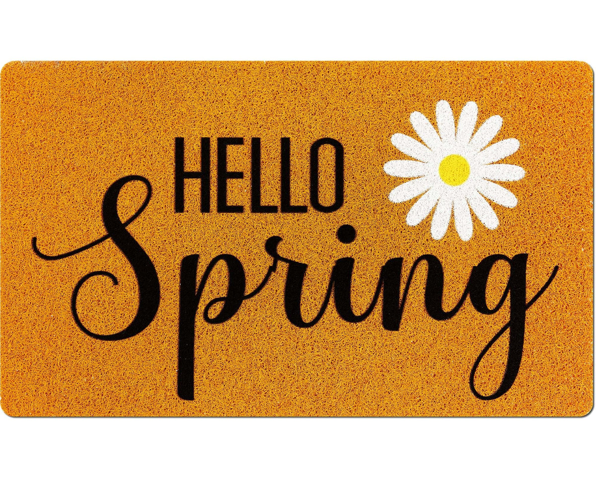 Mindsoft Hello Spring doormat, 18x30 inches, enhances doorway welcome with seasonal flair.