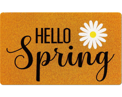 Mindsoft Hello Spring doormat, 18x30 inches, enhances doorway welcome with seasonal flair.