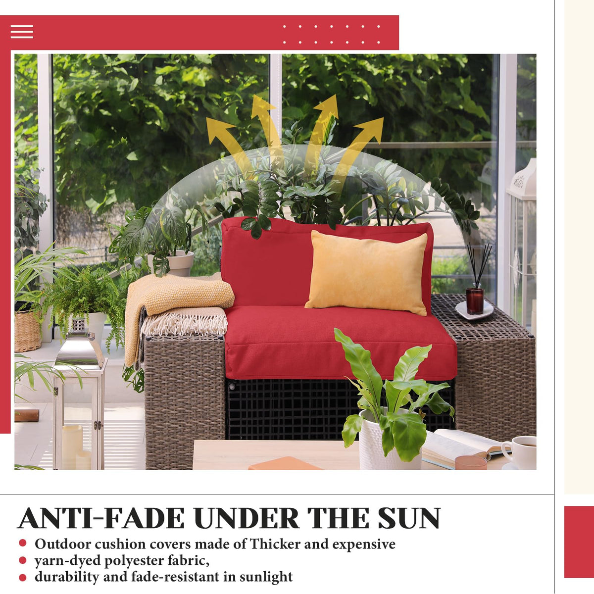 Mindsoft red cushion cover with anti-slip texture for windy days.