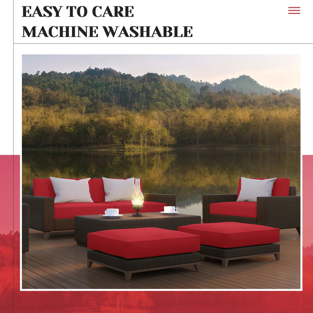 Mindsoft red cushion cover suited for garden, balcony, and poolside settings.