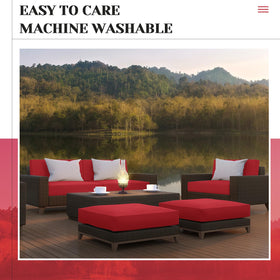 Mindsoft red cushion cover suited for garden, balcony, and poolside settings.