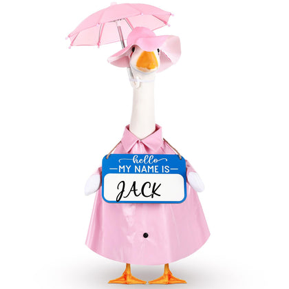 Mindsoft pink raincoat goose outfit on lawn statue adds playful spring charm.