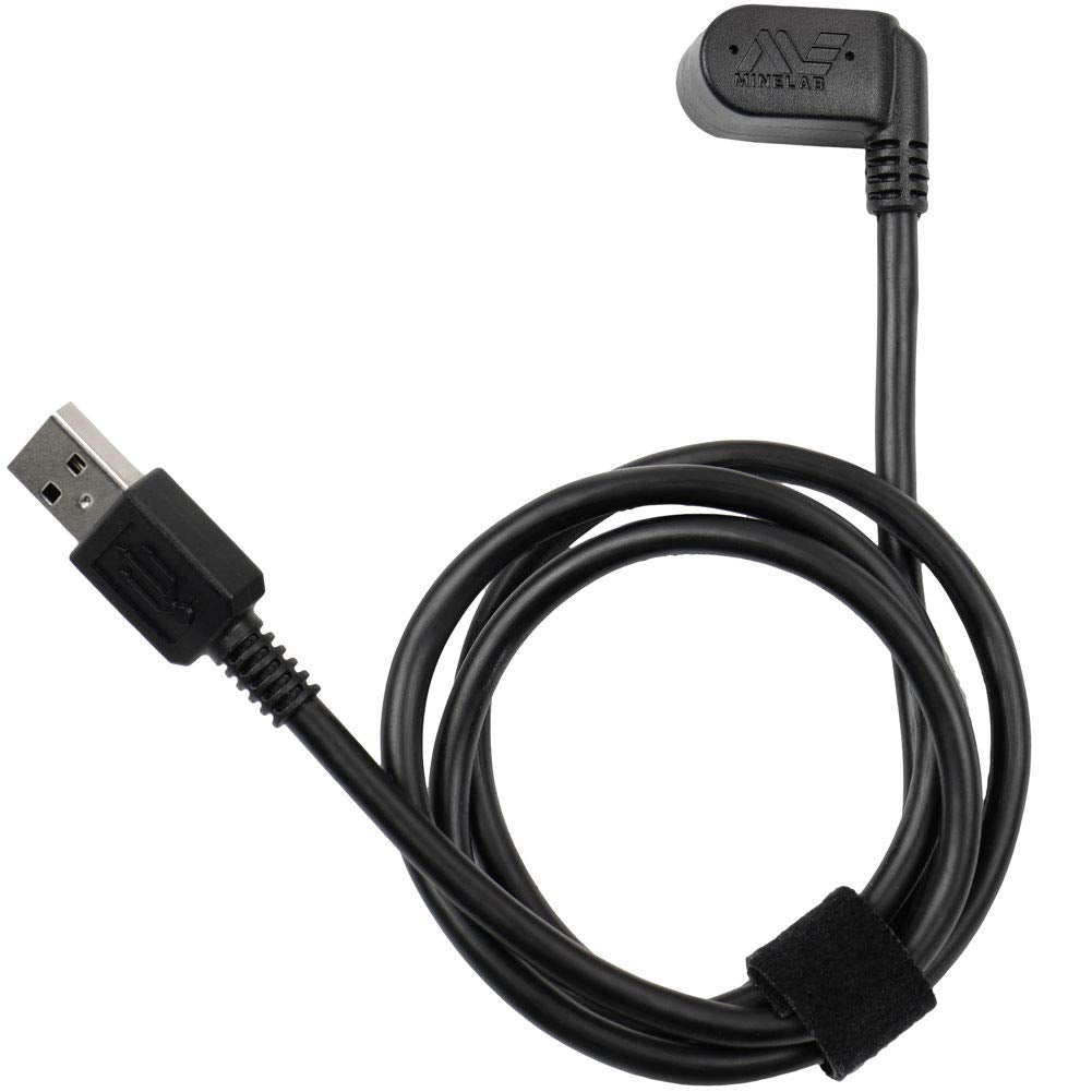 MINELAB Equinox magnetic charge cable connector close-up for secure field charging.