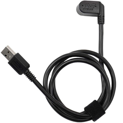 MINELAB Equinox magnetic charge cable connector close-up for secure field charging.
