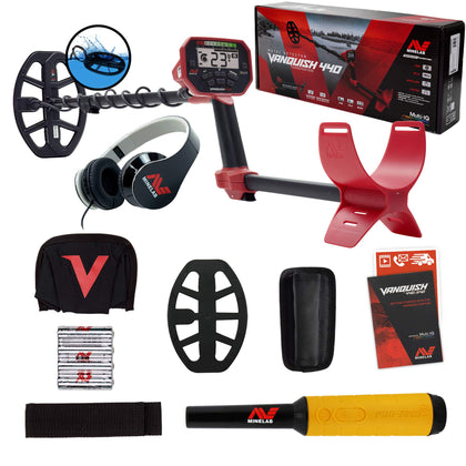 MINELAB Vanquish 440 front view with 10-inch coil for versatile detecting.