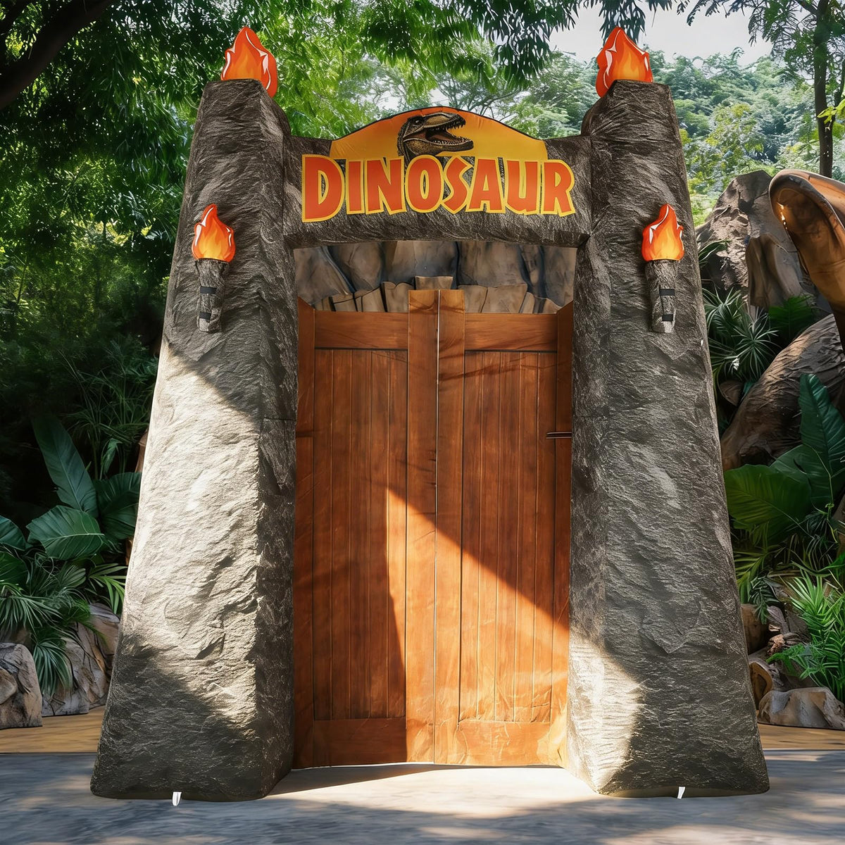MinFyberd 10ft dinosaur arch inflates to create an entryway for outdoors.