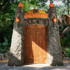 MinFyberd 10ft dinosaur arch inflates to create an entryway for outdoors.