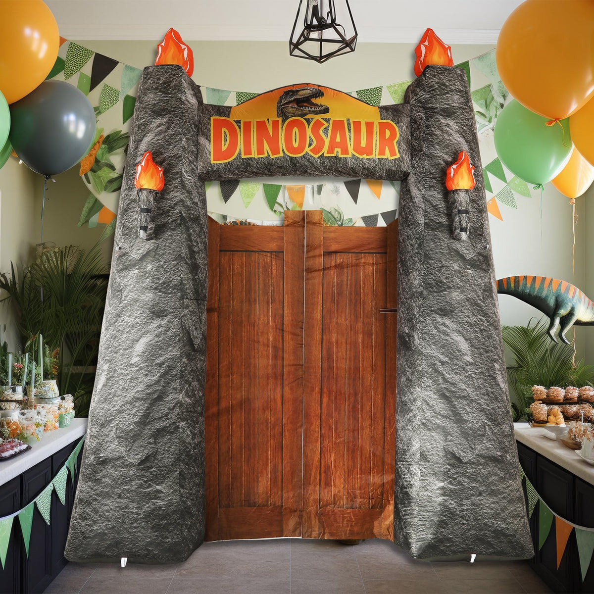 MinFyberd dinosaur arch used as a photo backdrop in yard.