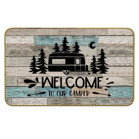 Mingnei Rustic Welcome doormat at the front door showing entryway appeal and dirt-wiping capability