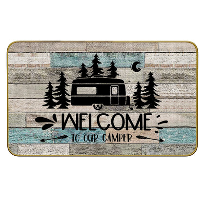 Mingnei Rustic Welcome doormat at the front door showing entryway appeal and dirt-wiping capability