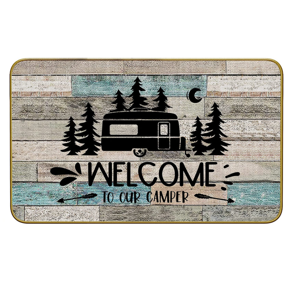 Mingnei Rustic Welcome doormat at the front door showing entryway appeal and dirt-wiping capability