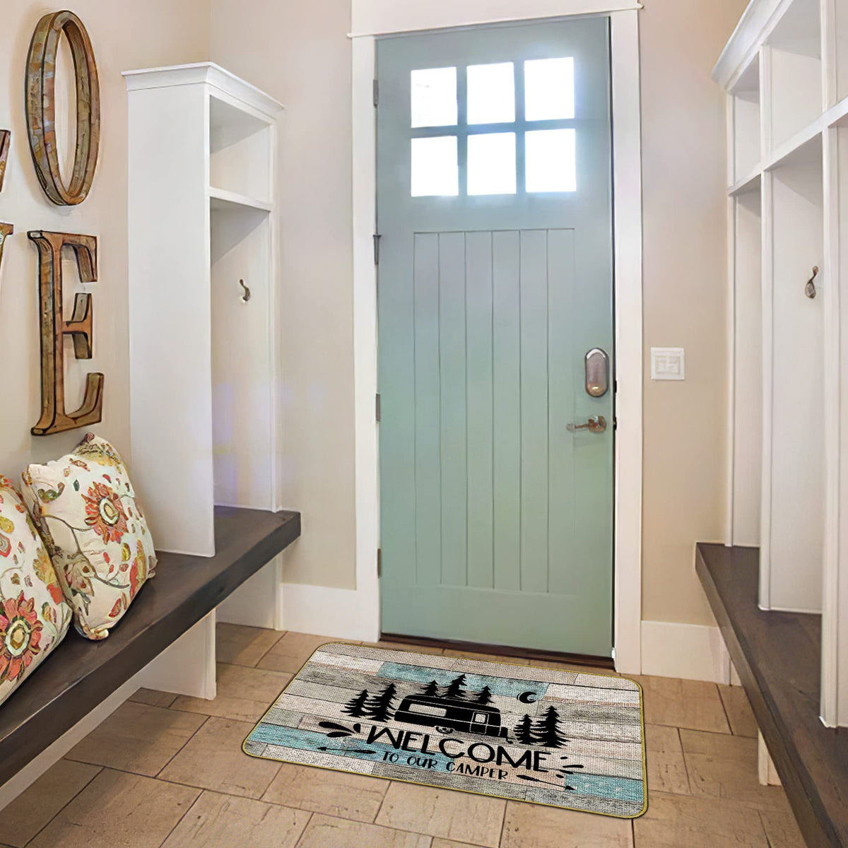 Mingnei Rustic Welcome doormat beside an RV entry for camping setup durability