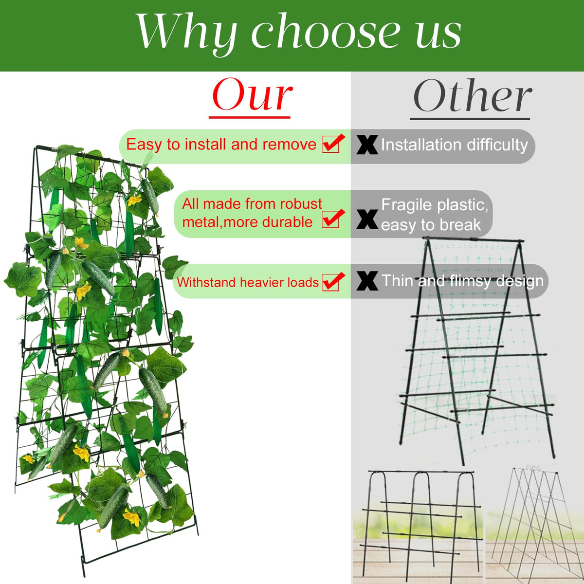 MINGRI vegetable trellis supports cucumbers, tomatoes, and peas in raised beds.