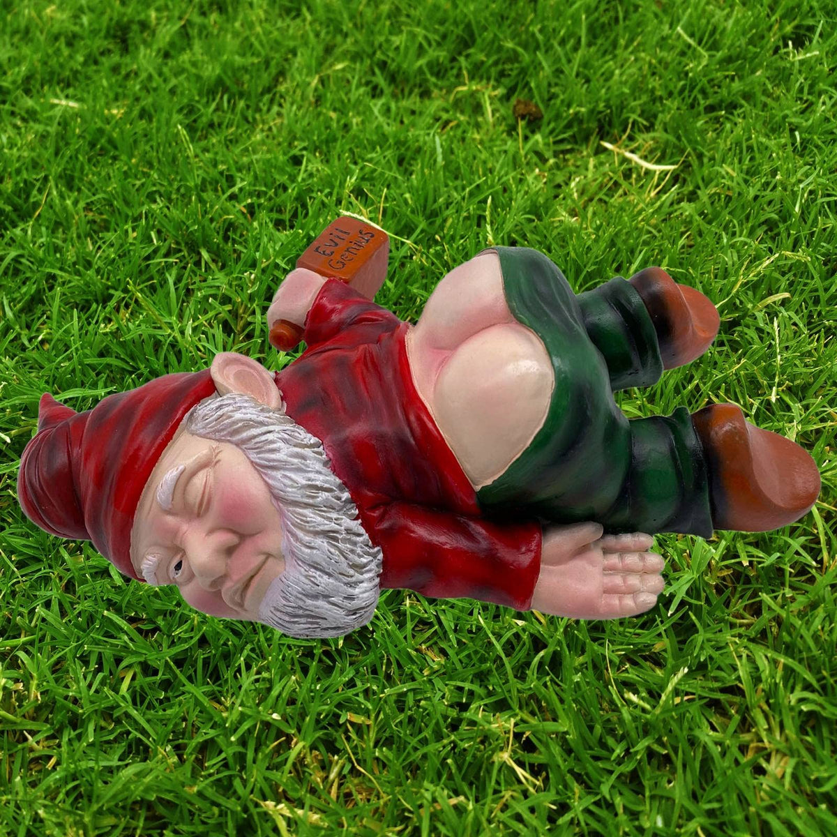 MINICAR gnome lying with wine bottle lends playful character to patios and yards.