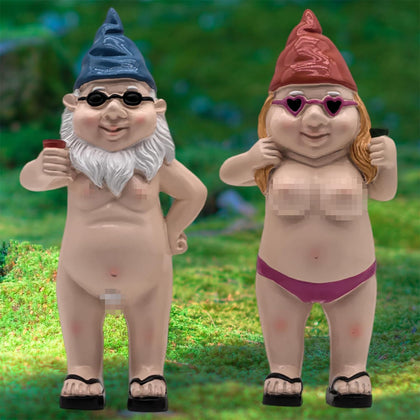 MINICAR gnome statue set of 2 for outdoor garden display with playful charm.