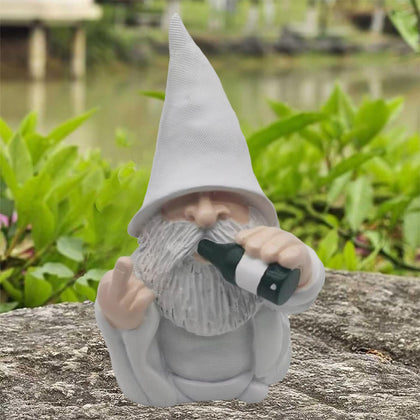 MINICAR Drinking Gnome statue in garden adds whimsical outdoor charm.