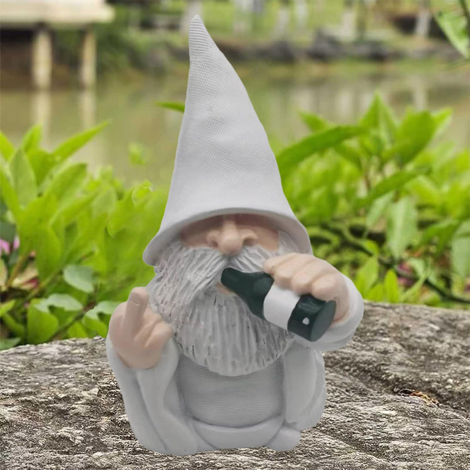 MINICAR Drinking Gnome statue in garden adds whimsical outdoor charm.