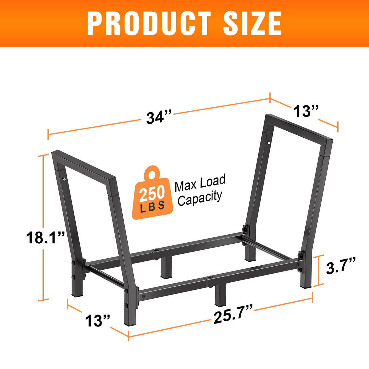 Minicloss heavy-duty firewood rack frame supports up to 250 pounds.