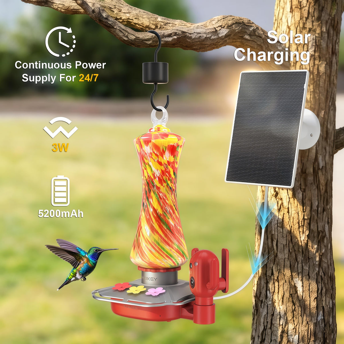 Hand-blown glass artistry on the Minikey feeder adds unique charm