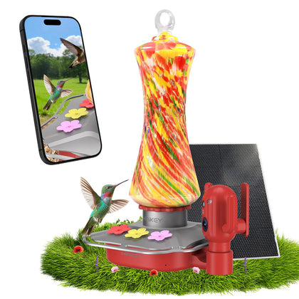 Minikey Glass Smart Hummingbird Feeder front view with camera and 4MP lens for wildlife monitoring
