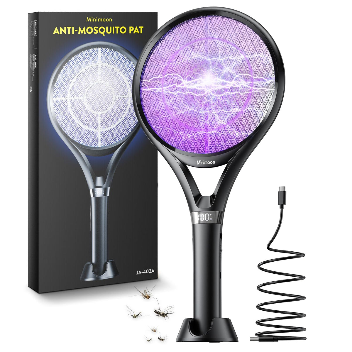 Minimoon electric fly swatter with LED display shows battery life.