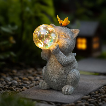 MININOVA Solar Garden Cat Statue with butterfly head adds playful charm to outdoor spaces.