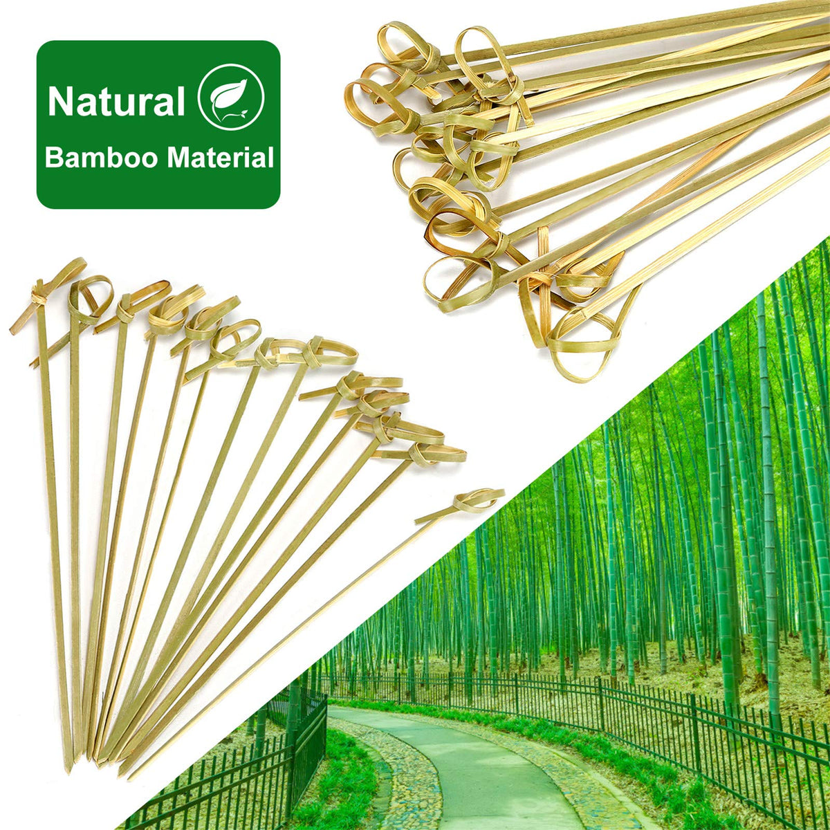 Minisland long bamboo skewers highlight knot-top design for fruit kebabs.