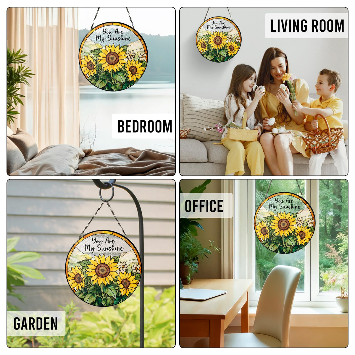 MINIVINE sunflower suncatcher on a window frame, ideal for gift-giving.