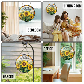MINIVINE sunflower suncatcher on a window frame, ideal for gift-giving.