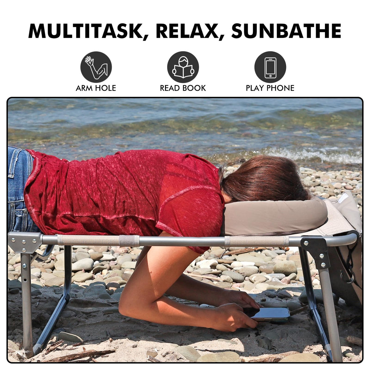 Minndudu chair provides two legs support for stability on sand or grass.