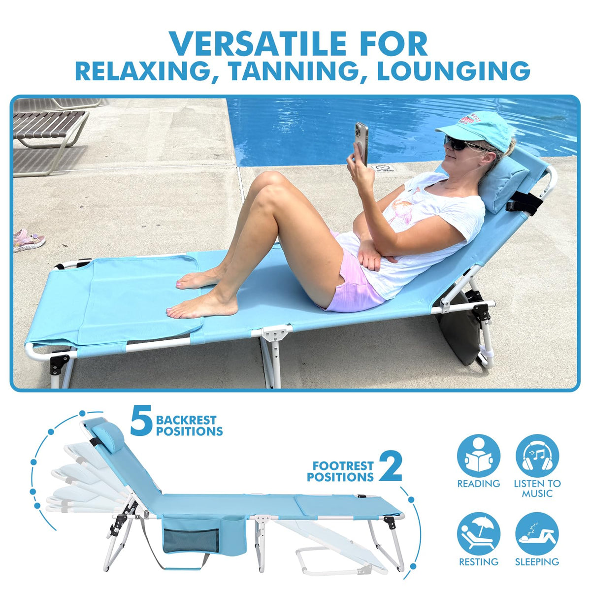 Minndudu tanning chair 3-in-1 pocket keeps essentials within reach.