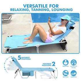Minndudu tanning chair 3-in-1 pocket keeps essentials within reach.