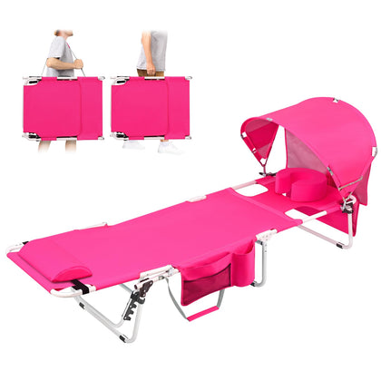 Minndudu tanning chair with sun canopy offers shade and UPF 50+ protection.
