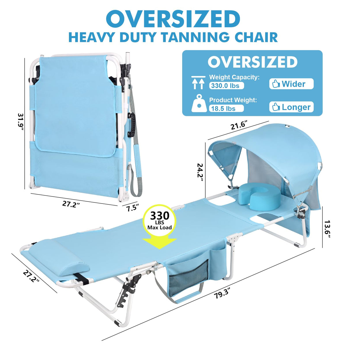 Minndudu tanning chair with sun canopy shielding skin during outdoor lounging.