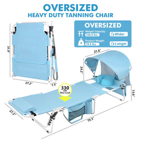 Minndudu tanning chair with sun canopy shielding skin during outdoor lounging.