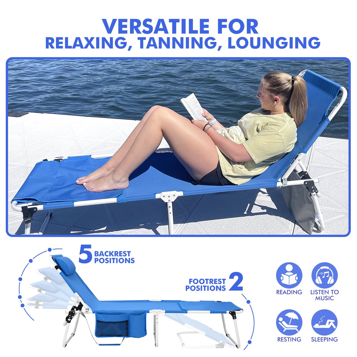 Minndudu tanning chair 3-in-1 pocket stores essentials within reach.