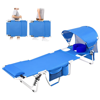 Minndudu tanning chair with sun canopy provides portable shade for outdoor lounging.