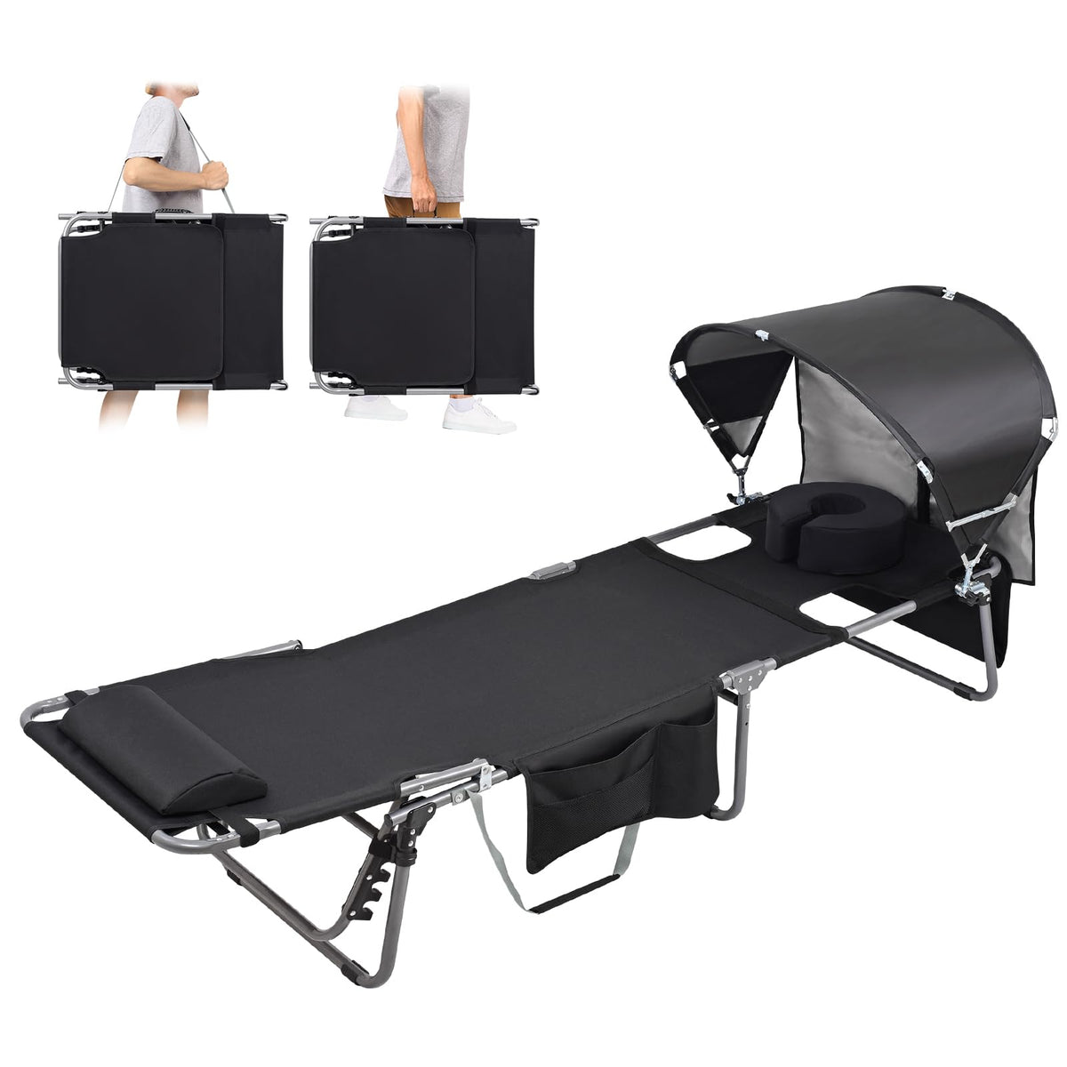 Minndudu tanning chair with sun canopy shields your face while you read outdoors.