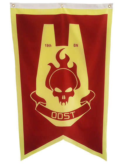 Mintu ODST flag banner front view highlights bold sci-fi design for gaming rooms.